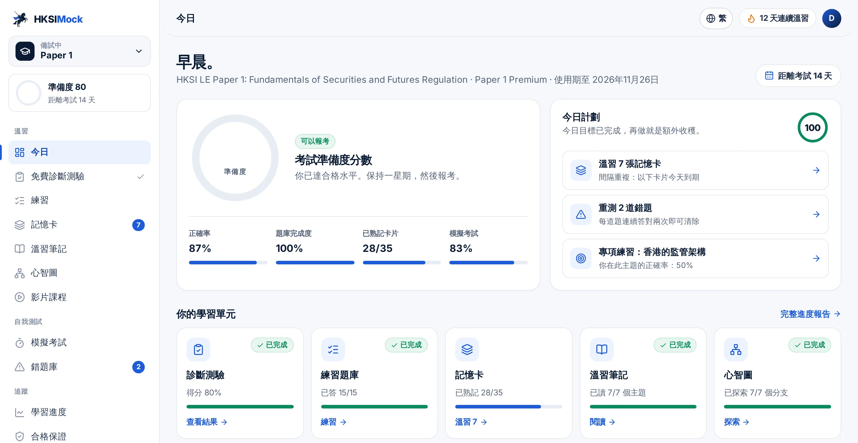 HKSIMock 复习面板：准备度分数 80（可以报考）、考试倒数、今日复习计划及 卷一 的学习单元